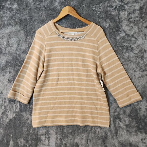 COLDWATER CREEK Jewel Stripe Pullover Long Sleeve Medium 10-12 NWT Khaki & Tan - Picture 1 of 11